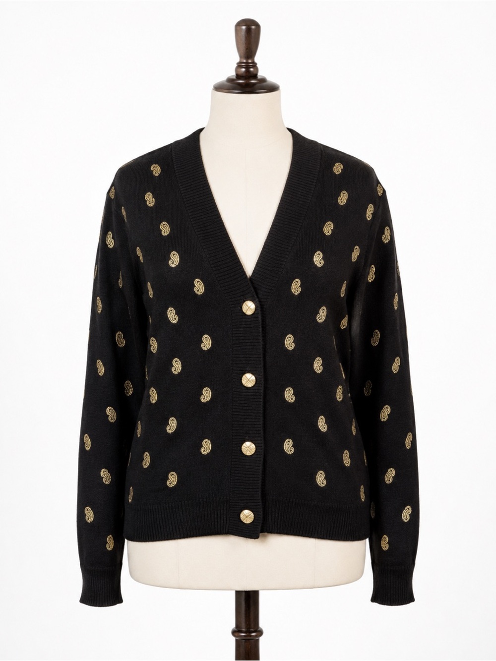 Beldini Black Gold Paisley Print Cardigan Sweater L/G NWT Button Front Preppy